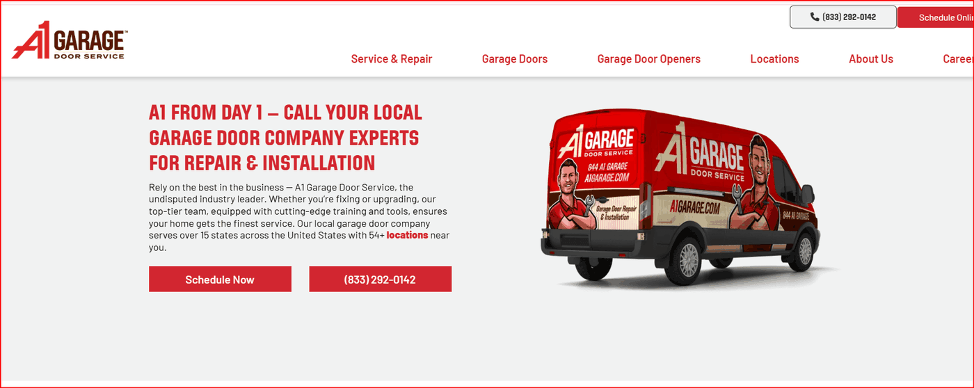 Screenshot of the A1 Garage Door Service website homepage showing service navigation and scheduling calls to action