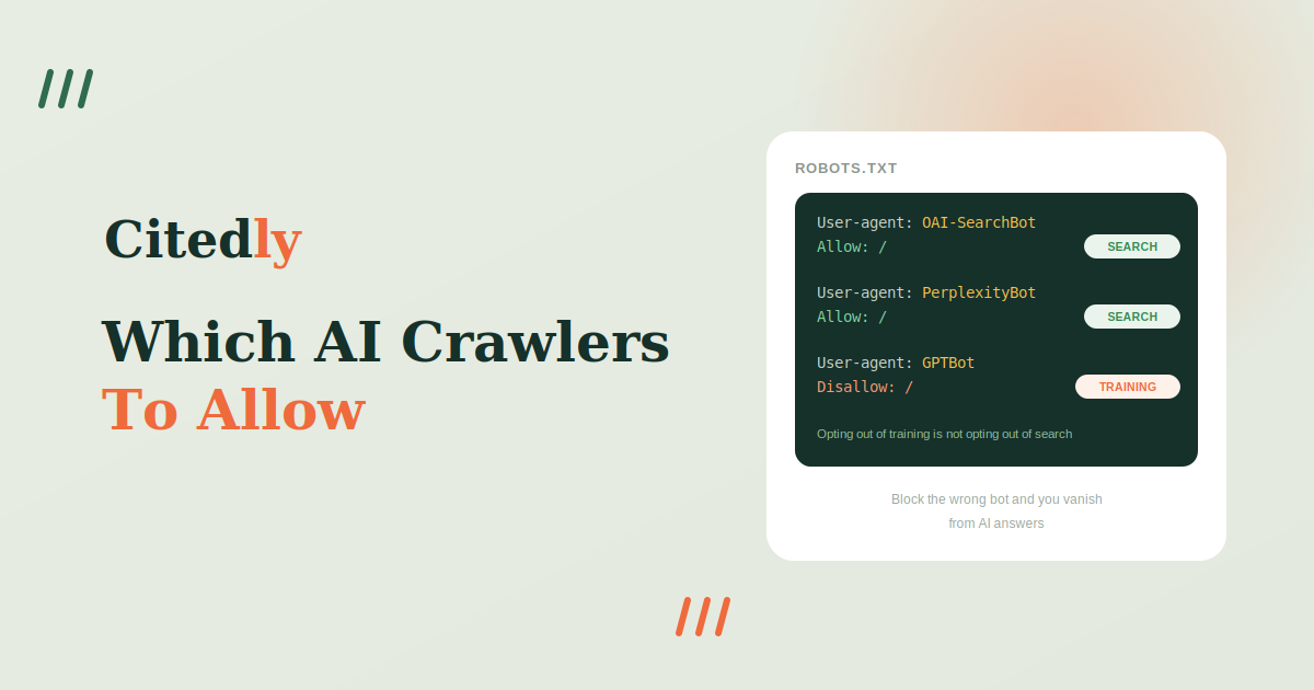 Citedly AI crawler guide showing robots.txt rules to allow search bots and block training bots