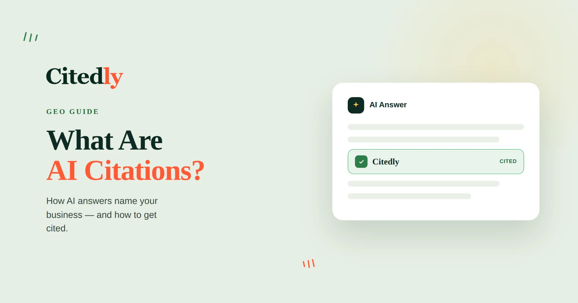 Citedly guide graphic showing an AI answer card naming Citedly as a cited source