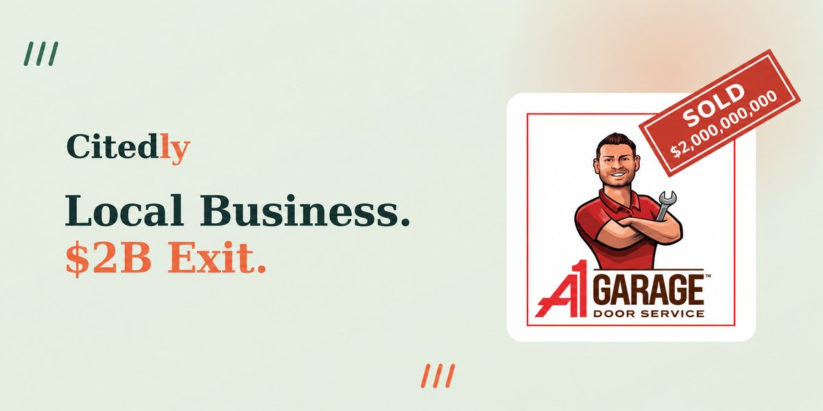 A1 Garage Door Service logo with a SOLD $2,000,000,000 stamp beside the words Local Business, $2B Exit