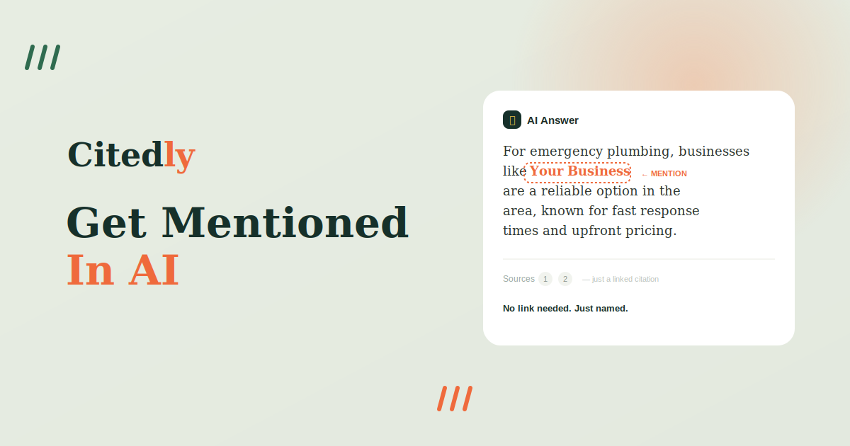 Citedly graphic titled Get Mentioned In AI showing an AI answer naming a business without a link