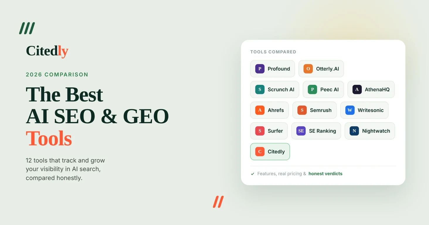 Citedly 2026 Comparison graphic showing 12 AI SEO and GEO tools including Profound, OtterlyAI, Peec AI, Scrunch AI, Ahrefs, Semrush, Writesonic, Surfer, SE Ranking, Nightwatch, and AthenaHQ