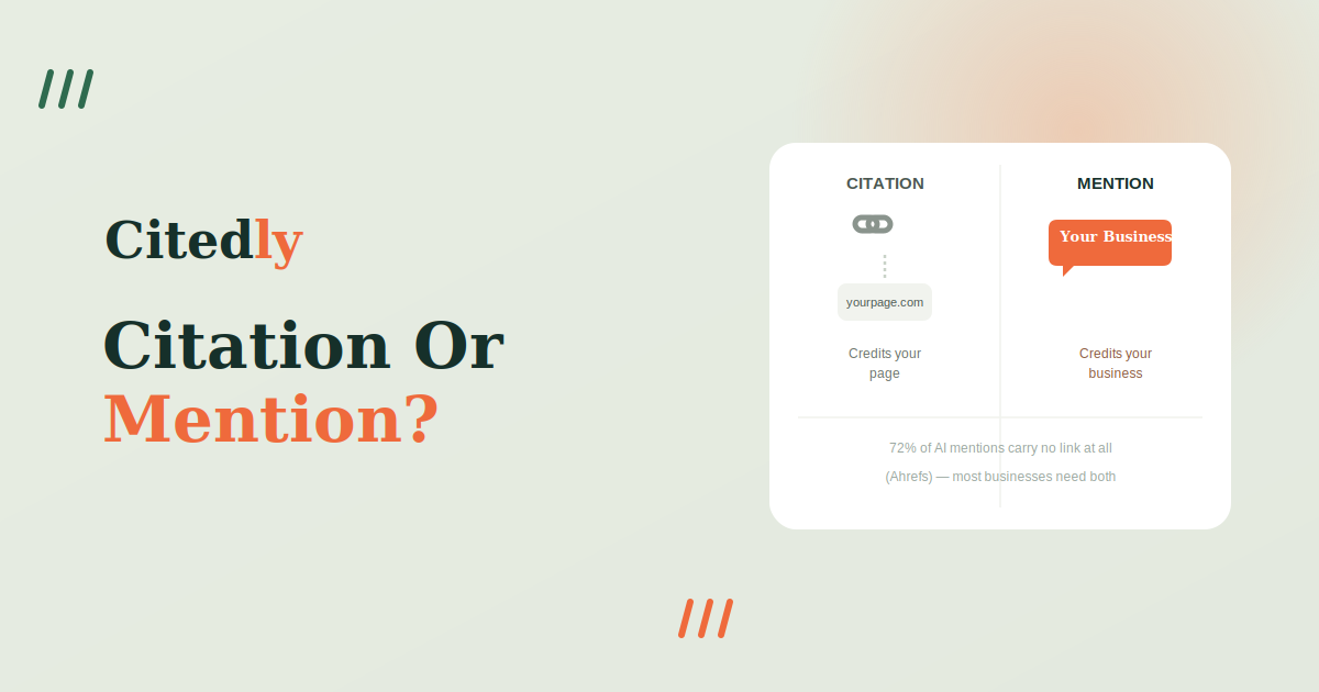 AI Citations vs Mentions — Citedly AI citation vs mention: a citation credits your page with a link, while a mention names your business — 72% of AI mentions carry no link