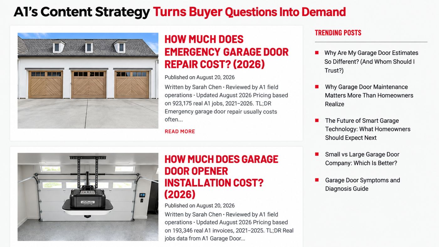 Screenshot of the A1 Garage Door Service blog showing articles about repair cost, maintenance and opener installation
